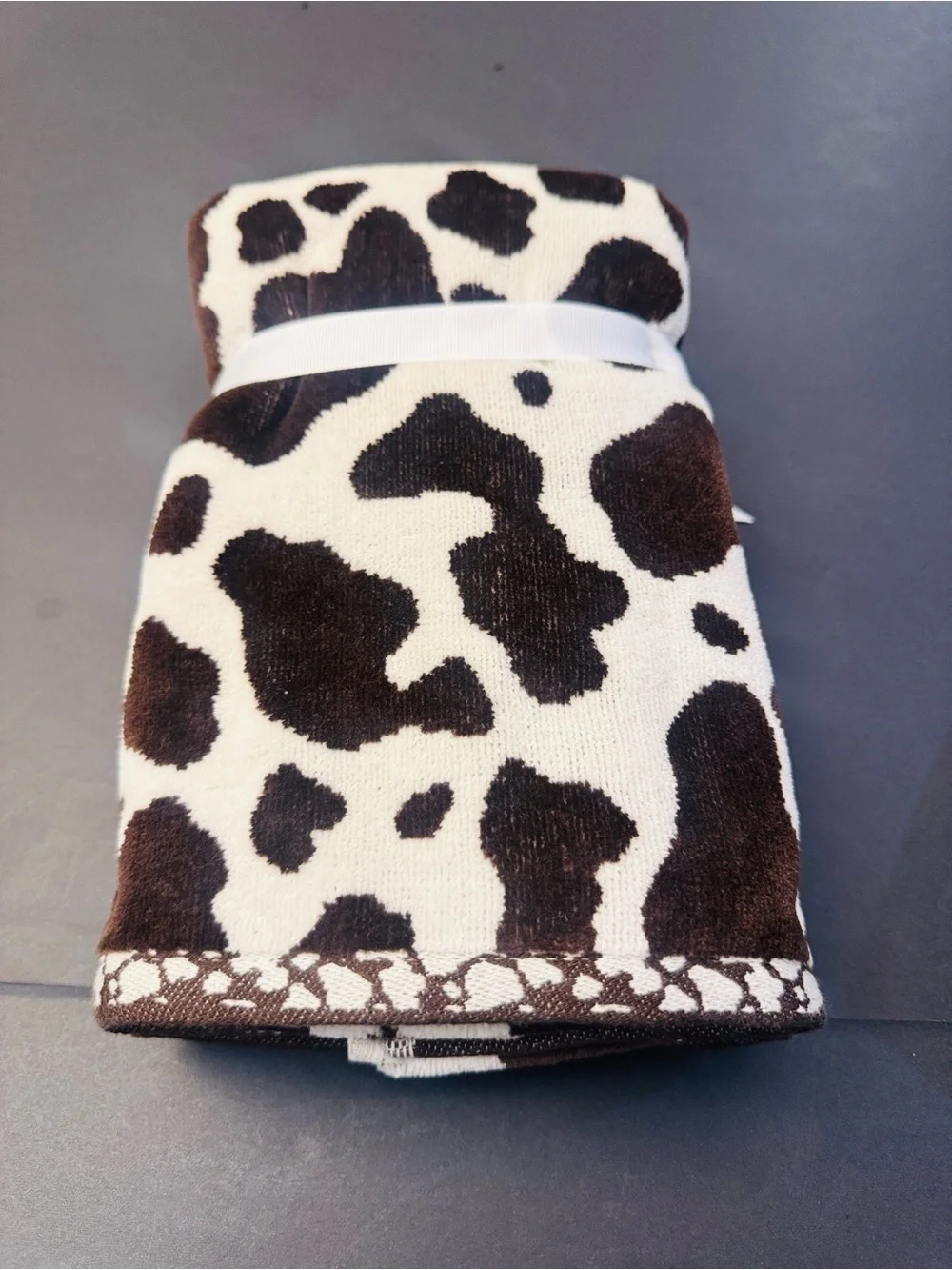 3pc TRULY LOU Bath Towel Set - Cotton Velour - Cow Print -Hot Fudge-Br/OffWhite
